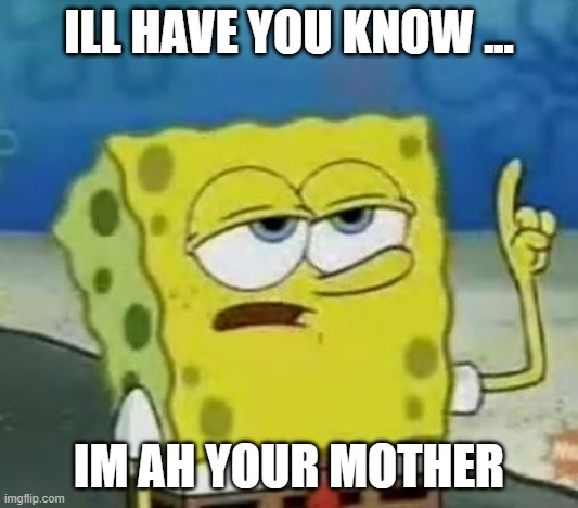 I'll Have You Know Spongebob Meme | ILL HAVE YOU KNOW ... IM AH YOUR MOTHER | image tagged in memes,i'll have you know spongebob | made w/ Imgflip meme maker