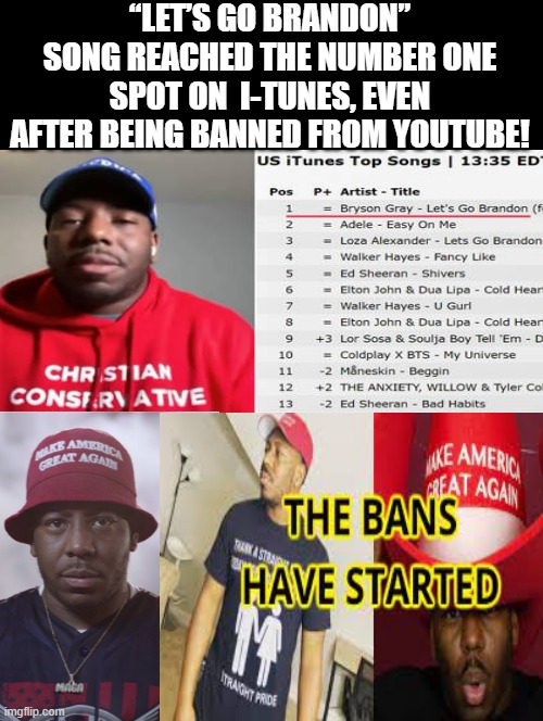 Let's Go Brandon! Hits Number 1 on ITunes! Even when banned from Youtube!! |  “LET’S GO BRANDON” SONG REACHED THE NUMBER ONE SPOT ON  I-TUNES, EVEN AFTER BEING BANNED FROM YOUTUBE! | image tagged in stupid liberals,morons,idiots,fake news | made w/ Imgflip meme maker