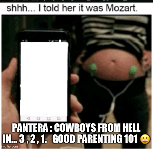 Mozart by Hymen-Wrecker | PANTERA : COWBOYS FROM HELL IN… 3 , 2 , 1.   GOOD PARENTING 101 😆 | image tagged in mozart | made w/ Imgflip meme maker
