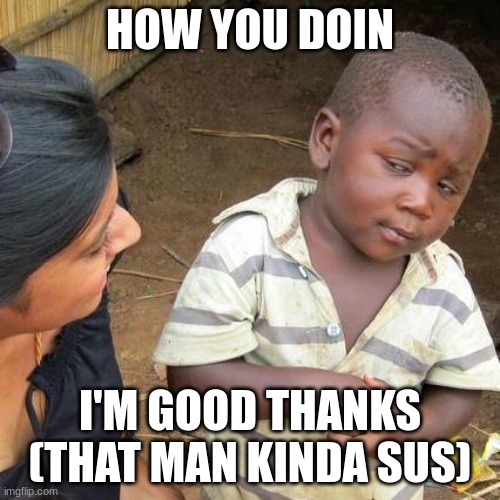 Third World Skeptical Kid Meme | HOW YOU DOIN; I'M GOOD THANKS (THAT MAN KINDA SUS) | image tagged in memes,third world skeptical kid | made w/ Imgflip meme maker