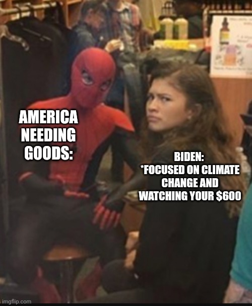 Spiderman explaining to zendaya | AMERICA NEEDING GOODS:; BIDEN: 
*FOCUSED ON CLIMATE CHANGE AND WATCHING YOUR $600 | image tagged in spiderman explaining to zendaya | made w/ Imgflip meme maker