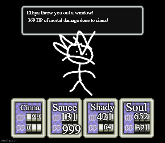 Couldn't find the font sorry | Elfiya threw you out a window! 369 HP of mortal damage done to cinna! Soul; Sauce; Shady; Cinna; 131; 421; 652; 6; 9; 64; 999; 321 | made w/ Imgflip meme maker