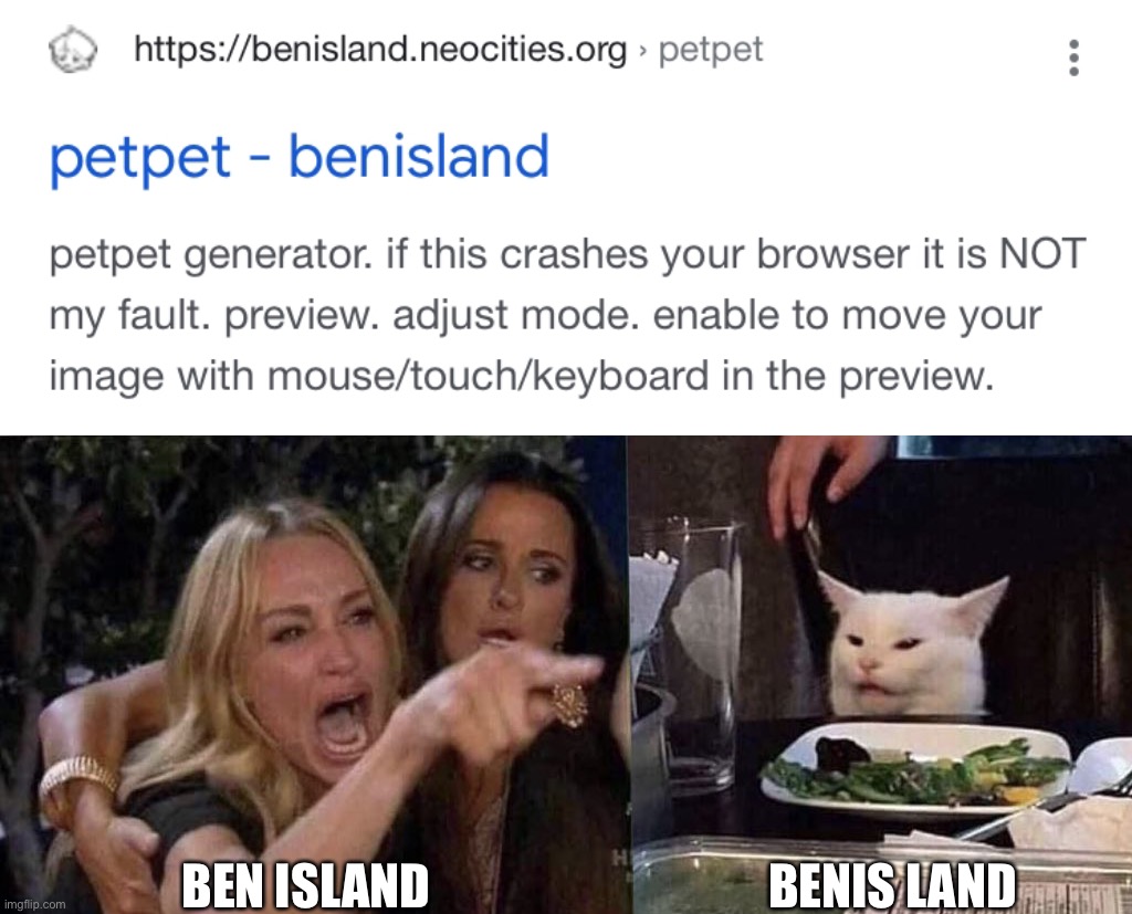 Haha funni Benis | BEN ISLAND; BENIS LAND | image tagged in woman yelling at cat | made w/ Imgflip meme maker