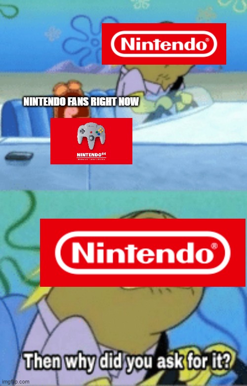 They're trying their best guys, maybe they'll update it | NINTENDO FANS RIGHT NOW | image tagged in then why did you ask for it,nintendo,nintendo 64 | made w/ Imgflip meme maker