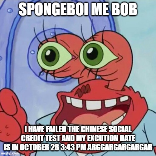 S P O N G E B O I    M E   B O B | SPONGEBOI ME BOB; I HAVE FAILED THE CHINESE SOCIAL CREDIT TEST AND MY EXCUTION DATE IS IN OCTOBER 28 3:43 PM ARGGARGARGARGAR | image tagged in ahoy spongebob | made w/ Imgflip meme maker