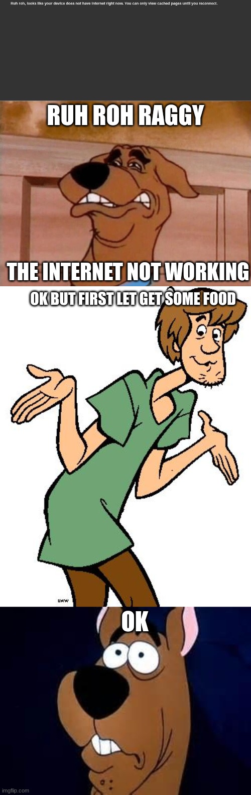 "Ruh Roh there is  a problem with the internet" |  RUH ROH RAGGY; THE INTERNET NOT WORKING; OK BUT FIRST LET GET SOME FOOD; OK | image tagged in shaggy from scooby doo,scooby doo | made w/ Imgflip meme maker