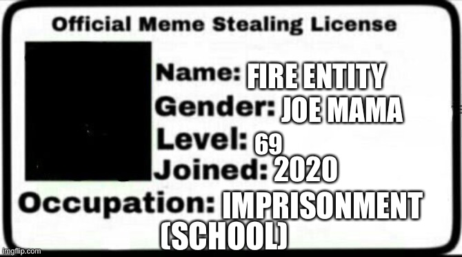 Sussie than u | FIRE ENTITY; JOE MAMA; 69; 2020; IMPRISONMENT; (SCHOOL) | image tagged in meme stealing license | made w/ Imgflip meme maker