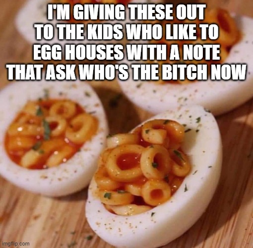 Last Laugh | I'M GIVING THESE OUT TO THE KIDS WHO LIKE TO EGG HOUSES WITH A NOTE THAT ASK WHO'S THE BITCH NOW | image tagged in follow,memes,funny,funny memes | made w/ Imgflip meme maker