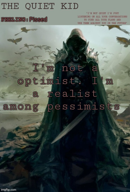Quiet kid 2 | Pissed; I'm not a optimist. I'm a realist among pessimists | image tagged in quiet kid 2 | made w/ Imgflip meme maker