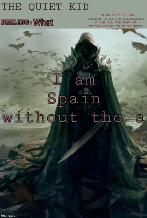 Quiet kid 2 | What; I am Spain without the a | image tagged in quiet kid 2 | made w/ Imgflip meme maker