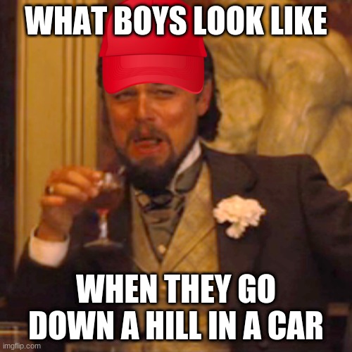 #CarFun | WHAT BOYS LOOK LIKE; WHEN THEY GO DOWN A HILL IN A CAR | image tagged in memes,laughing leo | made w/ Imgflip meme maker