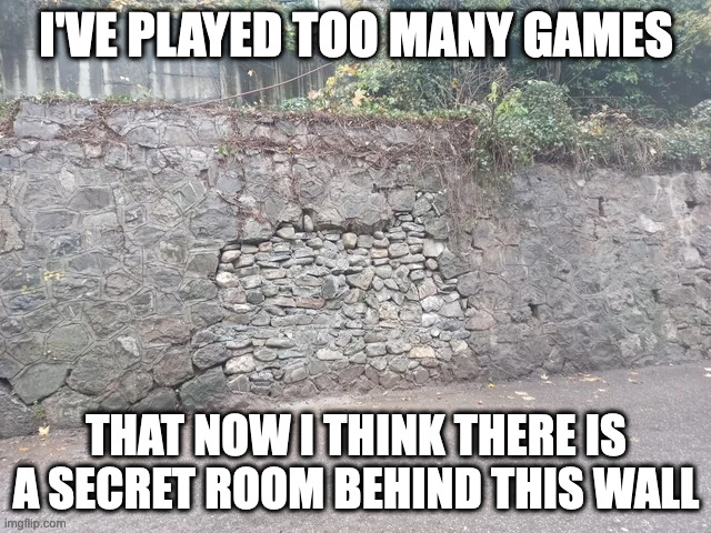 I'VE PLAYED TOO MANY GAMES; THAT NOW I THINK THERE IS A SECRET ROOM BEHIND THIS WALL | image tagged in gaming,wall,games,video games | made w/ Imgflip meme maker