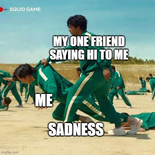 me at school | MY ONE FRIEND SAYING HI TO ME; ME; SADNESS | image tagged in squid game | made w/ Imgflip meme maker