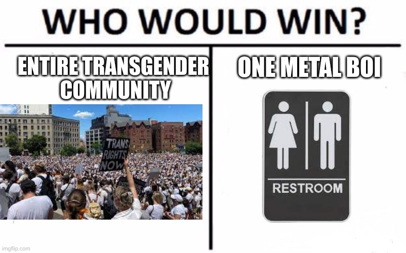 I'm not wrong. | ONE METAL BOI; ENTIRE TRANSGENDER 
COMMUNITY | image tagged in memes,who would win | made w/ Imgflip meme maker