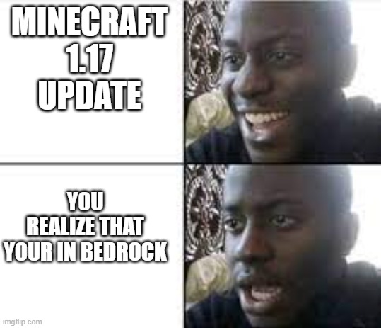 When you realize something wrong | MINECRAFT 1.17 UPDATE; YOU REALIZE THAT YOUR IN BEDROCK | image tagged in when you realize something wrong | made w/ Imgflip meme maker