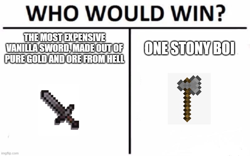 Who Would Win MC | THE MOST EXPENSIVE VANILLA SWORD, MADE OUT OF PURE GOLD AND ORE FROM HELL; ONE STONY BOI | image tagged in memes,who would win | made w/ Imgflip meme maker