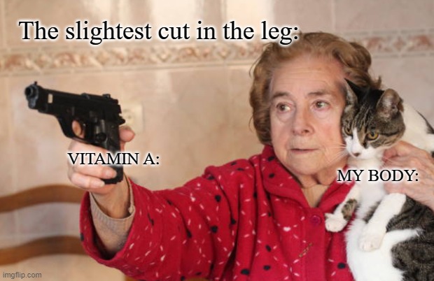 The slightest cut in the leg:; VITAMIN A:; MY BODY: | made w/ Imgflip meme maker