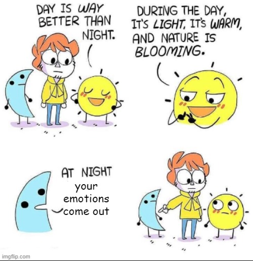Do you agree? | your emotions come out | image tagged in day and night | made w/ Imgflip meme maker