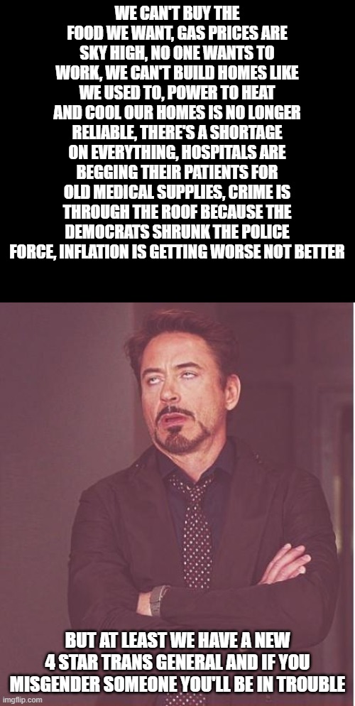Face You Make Robert Downey Jr Meme | WE CAN'T BUY THE FOOD WE WANT, GAS PRICES ARE SKY HIGH, NO ONE WANTS TO WORK, WE CAN'T BUILD HOMES LIKE WE USED TO, POWER TO HEAT AND COOL OUR HOMES IS NO LONGER RELIABLE, THERE'S A SHORTAGE ON EVERYTHING, HOSPITALS ARE BEGGING THEIR PATIENTS FOR OLD MEDICAL SUPPLIES, CRIME IS THROUGH THE ROOF BECAUSE THE DEMOCRATS SHRUNK THE POLICE FORCE, INFLATION IS GETTING WORSE NOT BETTER; BUT AT LEAST WE HAVE A NEW 4 STAR TRANS GENERAL AND IF YOU MISGENDER SOMEONE YOU'LL BE IN TROUBLE | image tagged in memes,face you make robert downey jr | made w/ Imgflip meme maker