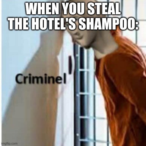 criminel | WHEN YOU STEAL THE HOTEL'S SHAMPOO: | image tagged in criminel | made w/ Imgflip meme maker