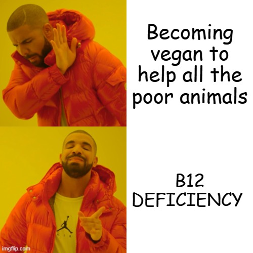 Drake Hotline Bling Meme | Becoming vegan to help all the poor animals; B12 DEFICIENCY | image tagged in memes,drake hotline bling | made w/ Imgflip meme maker