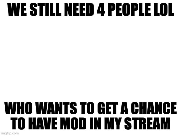 Blank White Template | WE STILL NEED 4 PEOPLE LOL; WHO WANTS TO GET A CHANCE TO HAVE MOD IN MY STREAM | image tagged in blank white template | made w/ Imgflip meme maker