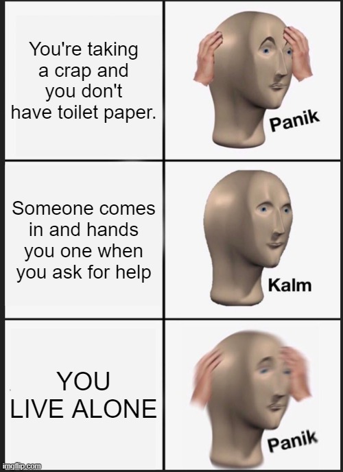 Panik Kalm Panik | You're taking a crap and you don't have toilet paper. Someone comes in and hands you one when you ask for help; YOU LIVE ALONE | image tagged in memes,panik kalm panik | made w/ Imgflip meme maker