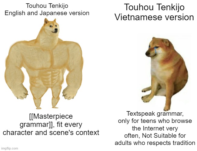 Comparison of Touhou Tenkijo's localizations | Touhou Tenkijo English and Japanese version; Touhou Tenkijo Vietnamese version; [[Masterpiece grammar]], fit every character and scene's context; Textspeak grammar, only for teens who browse the Internet very often, Not Suitable for adults who respects tradition | image tagged in memes,buff doge vs cheems,translation,touhou,video games | made w/ Imgflip meme maker