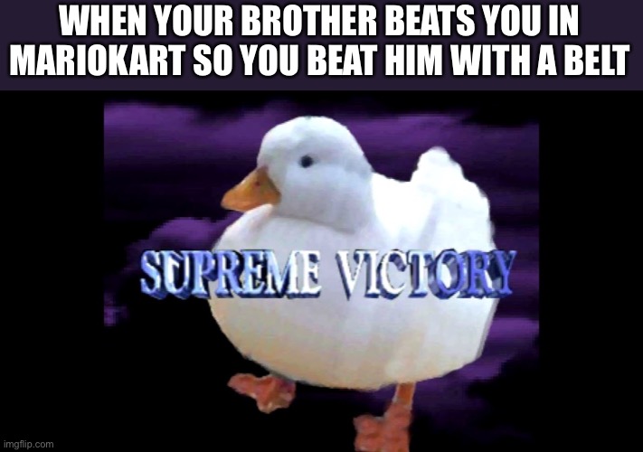 Supreme victory | WHEN YOUR BROTHER BEATS YOU IN MARIOKART SO YOU BEAT HIM WITH A BELT | image tagged in supreme victory duck | made w/ Imgflip meme maker