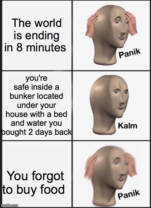 Panik Kalm Panik Meme | The world is ending in 8 minutes; you're safe inside a bunker located under your house with a bed and water you bought 2 days back; You forgot to buy food | image tagged in memes,panik kalm panik | made w/ Imgflip meme maker
