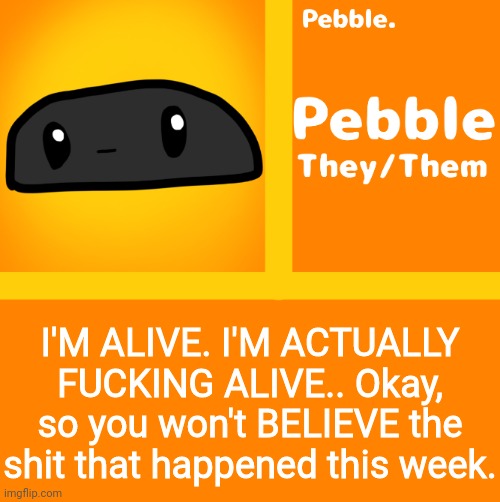 Pebble | I'M ALIVE. I'M ACTUALLY FUCKING ALIVE.. Okay, so you won't BELIEVE the shit that happened this week. | image tagged in pebble | made w/ Imgflip meme maker