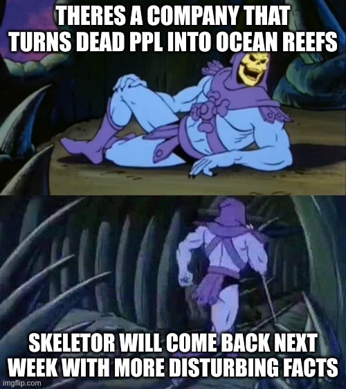 Is there really tho? | THERES A COMPANY THAT TURNS DEAD PPL INTO OCEAN REEFS; SKELETOR WILL COME BACK NEXT WEEK WITH MORE DISTURBING FACTS | image tagged in skeletor disturbing facts | made w/ Imgflip meme maker