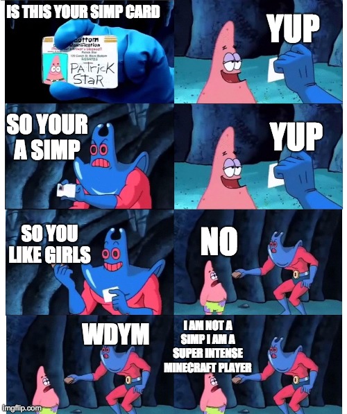 patrick not my wallet | YUP; IS THIS YOUR SIMP CARD; SO YOUR A SIMP; YUP; SO YOU LIKE GIRLS; NO; I AM NOT A SIMP I AM A SUPER INTENSE MINECRAFT PLAYER; WDYM | image tagged in patrick not my wallet | made w/ Imgflip meme maker