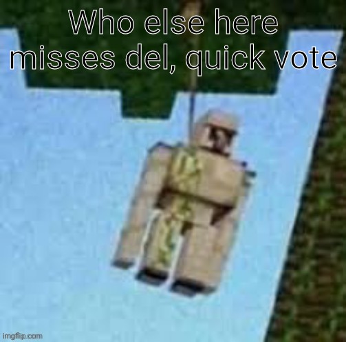 :/ | Who else here misses del, quick vote | image tagged in iron golem | made w/ Imgflip meme maker
