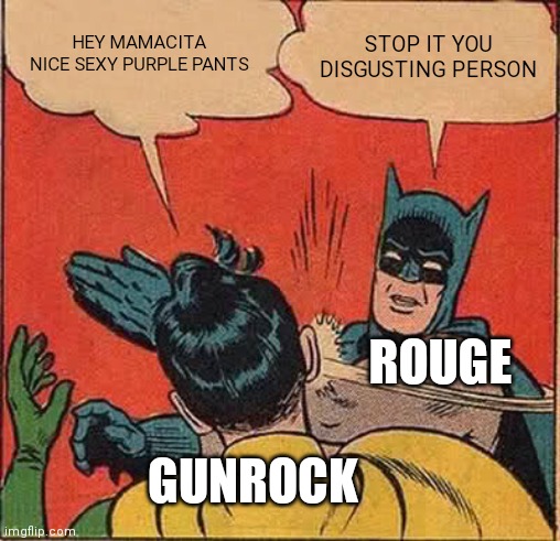 Rouge Slapping Gunrock | HEY MAMACITA NICE SEXY PURPLE PANTS; STOP IT YOU DISGUSTING PERSON; ROUGE; GUNROCK | image tagged in memes,batman slapping robin | made w/ Imgflip meme maker