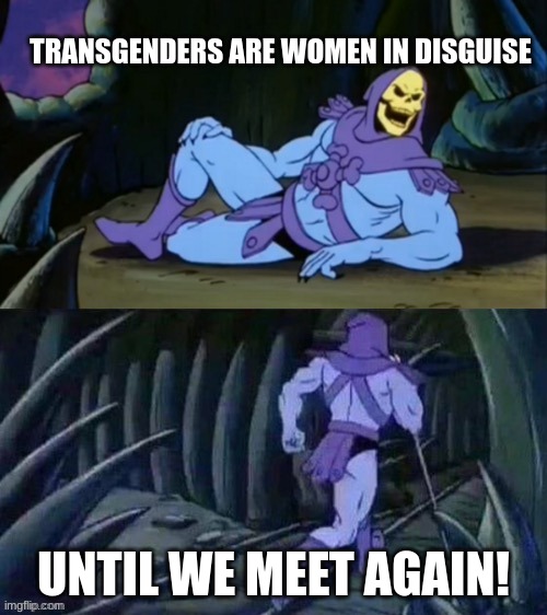 [insert cool title here] | TRANSGENDERS ARE WOMEN IN DISGUISE; UNTIL WE MEET AGAIN! | image tagged in skeletor disturbing facts,transgender | made w/ Imgflip meme maker
