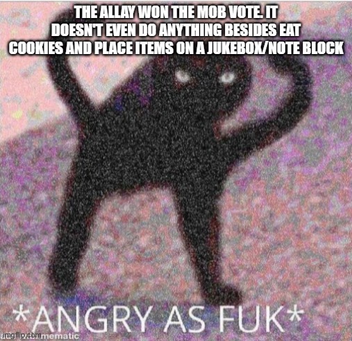 B r u h | THE ALLAY WON THE MOB VOTE. IT DOESN'T EVEN DO ANYTHING BESIDES EAT COOKIES AND PLACE ITEMS ON A JUKEBOX/NOTE BLOCK | image tagged in angry as fuk | made w/ Imgflip meme maker