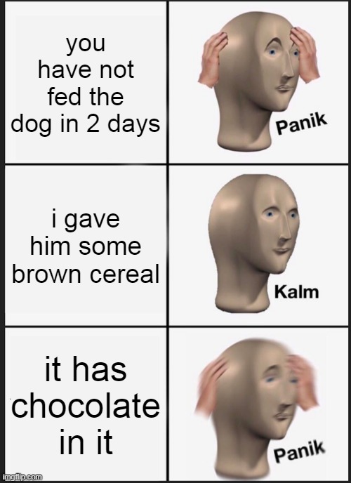 oh no | you have not fed the dog in 2 days; i gave him some brown cereal; it has chocolate in it | image tagged in memes | made w/ Imgflip meme maker