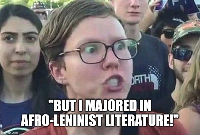 Triggered Liberal | "BUT I MAJORED IN AFRO-LENINIST LITERATURE!" | image tagged in triggered liberal | made w/ Imgflip meme maker