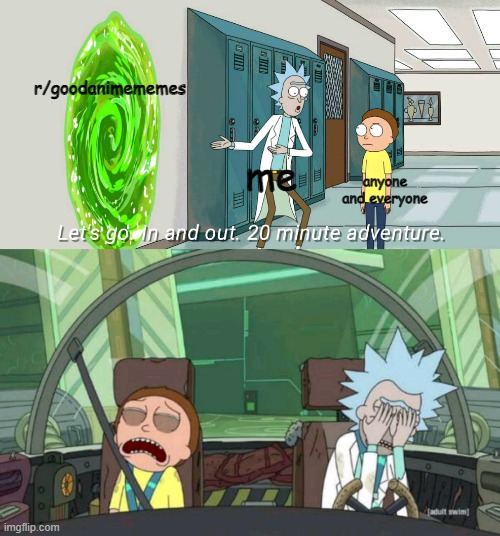 20 minute adventure rick morty | r/goodanimememes; me; anyone and everyone | image tagged in 20 minute adventure rick morty,NoAnimePolice | made w/ Imgflip meme maker