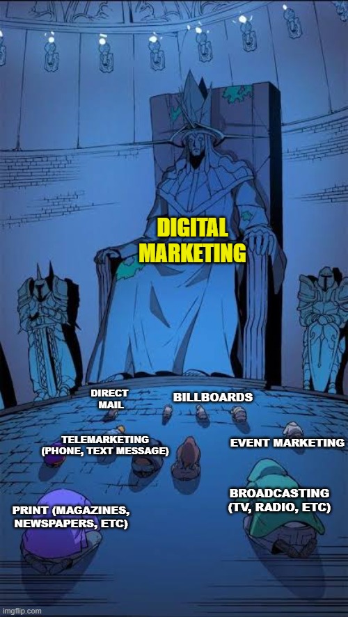 Digital Marketing is king | DIGITAL MARKETING; DIRECT 
MAIL; BILLBOARDS; TELEMARKETING (PHONE, TEXT MESSAGE); EVENT MARKETING; BROADCASTING (TV, RADIO, ETC); PRINT (MAGAZINES, NEWSPAPERS, ETC) | image tagged in statue of god | made w/ Imgflip meme maker