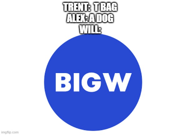 big W | TRENT:  T BAG
ALEX: A DOG
WILL: | image tagged in memes | made w/ Imgflip meme maker