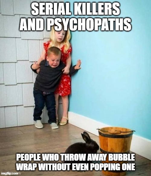 Imagine doing this | SERIAL KILLERS AND PSYCHOPATHS; PEOPLE WHO THROW AWAY BUBBLE WRAP WITHOUT EVEN POPPING ONE | image tagged in psychopaths and serial killers | made w/ Imgflip meme maker