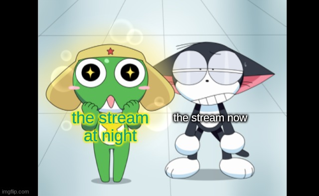 ussr alien frog and cyborg cat | the stream now; the stream at night | image tagged in kuro and kerokero | made w/ Imgflip meme maker