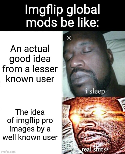 Change my mind | Imgflip global mods be like:; An actual good idea from a lesser known user; The idea of imgflip pro images by a well known user | image tagged in memes,sleeping shaq | made w/ Imgflip meme maker