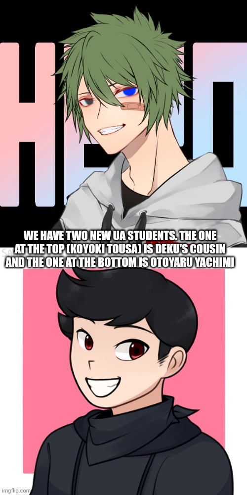 WE HAVE TWO NEW UA STUDENTS. THE ONE AT THE TOP (KOYOKI TOUSA) IS DEKU'S COUSIN AND THE ONE AT THE BOTTOM IS OTOYARU YACHIMI | made w/ Imgflip meme maker