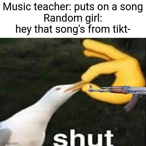 SHUT UP | Music teacher: puts on a song
Random girl: hey that song's from tikt- | image tagged in shut | made w/ Imgflip meme maker