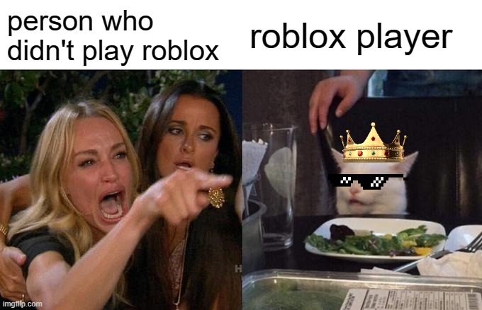 Play roblox now | person who didn't play roblox; roblox player | image tagged in memes,woman yelling at cat | made w/ Imgflip meme maker