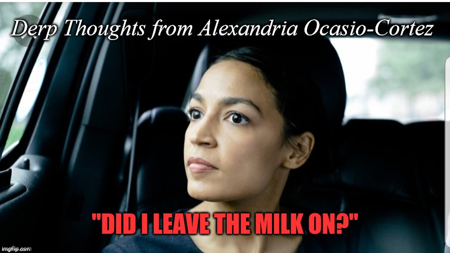 Aoc me not | "DID I LEAVE THE MILK ON?" | image tagged in derp thoughts from aoc,derpy,derp,derps | made w/ Imgflip meme maker