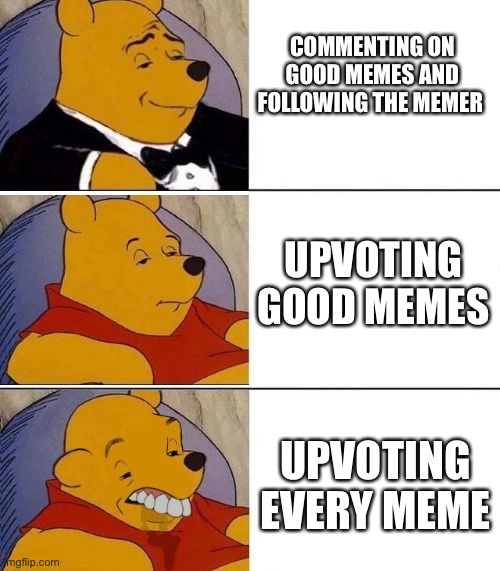 Imgflip: my approach | COMMENTING ON GOOD MEMES AND FOLLOWING THE MEMER; UPVOTING GOOD MEMES; UPVOTING EVERY MEME | image tagged in tuxedo on top winnie the pooh 3 panel,memes,funny memes,comments,follow | made w/ Imgflip meme maker